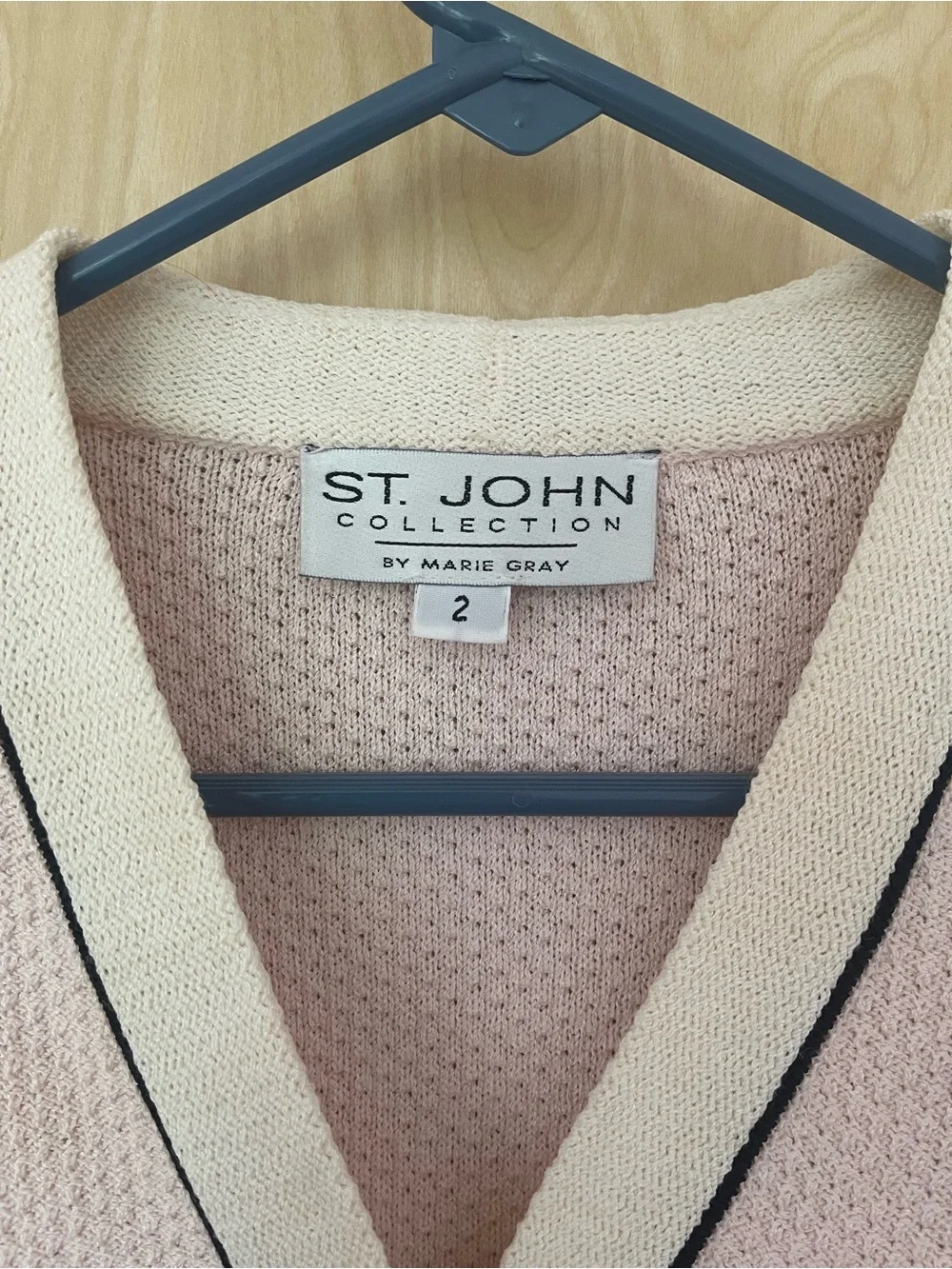Vintage St. John Blush Pink Knit Cardigan with Cream Trim and Black Piping